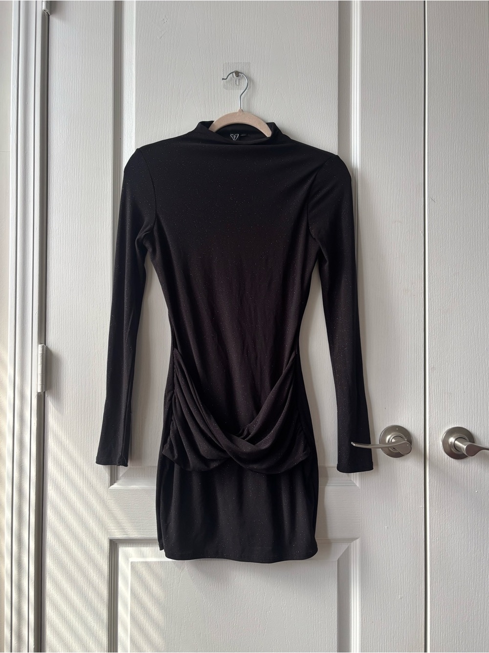 Long Sleeve Black Draped Mini Dress